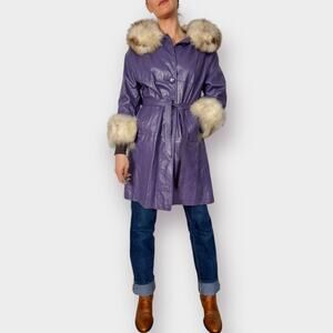 70s Bernie's Fashions Purple Leather Fur Trimmed Coat Size M